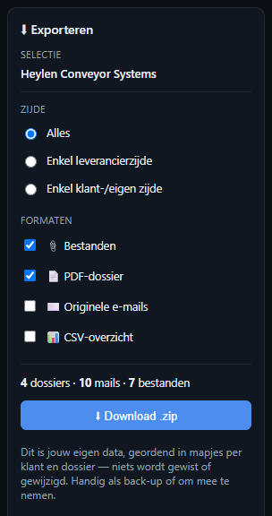 Nexus export-paneel: selectie, zijde, formaten, teller en Download .zip