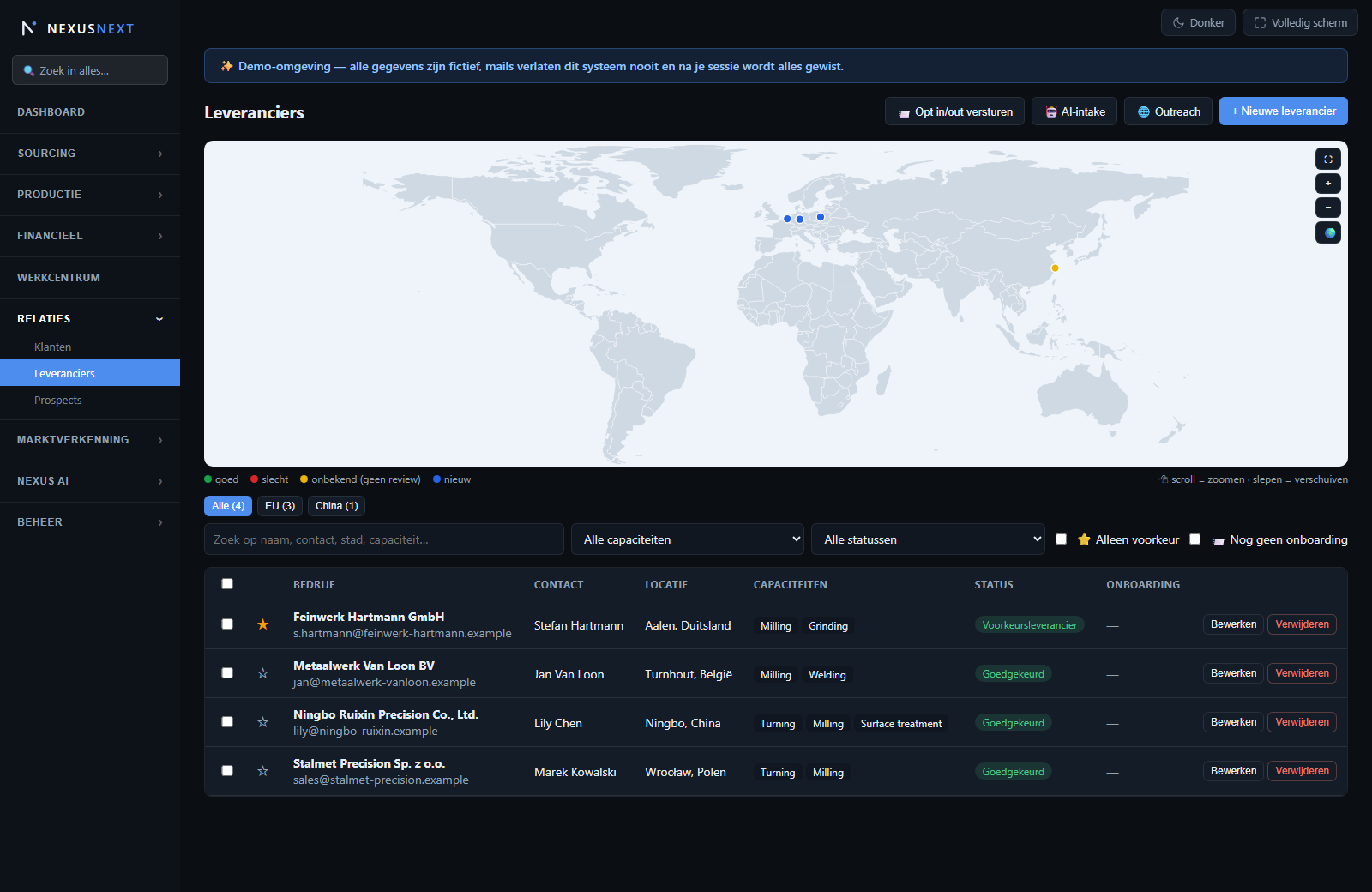 Nexus demo — leveranciersregister met wereldkaart, capabilities en statuses