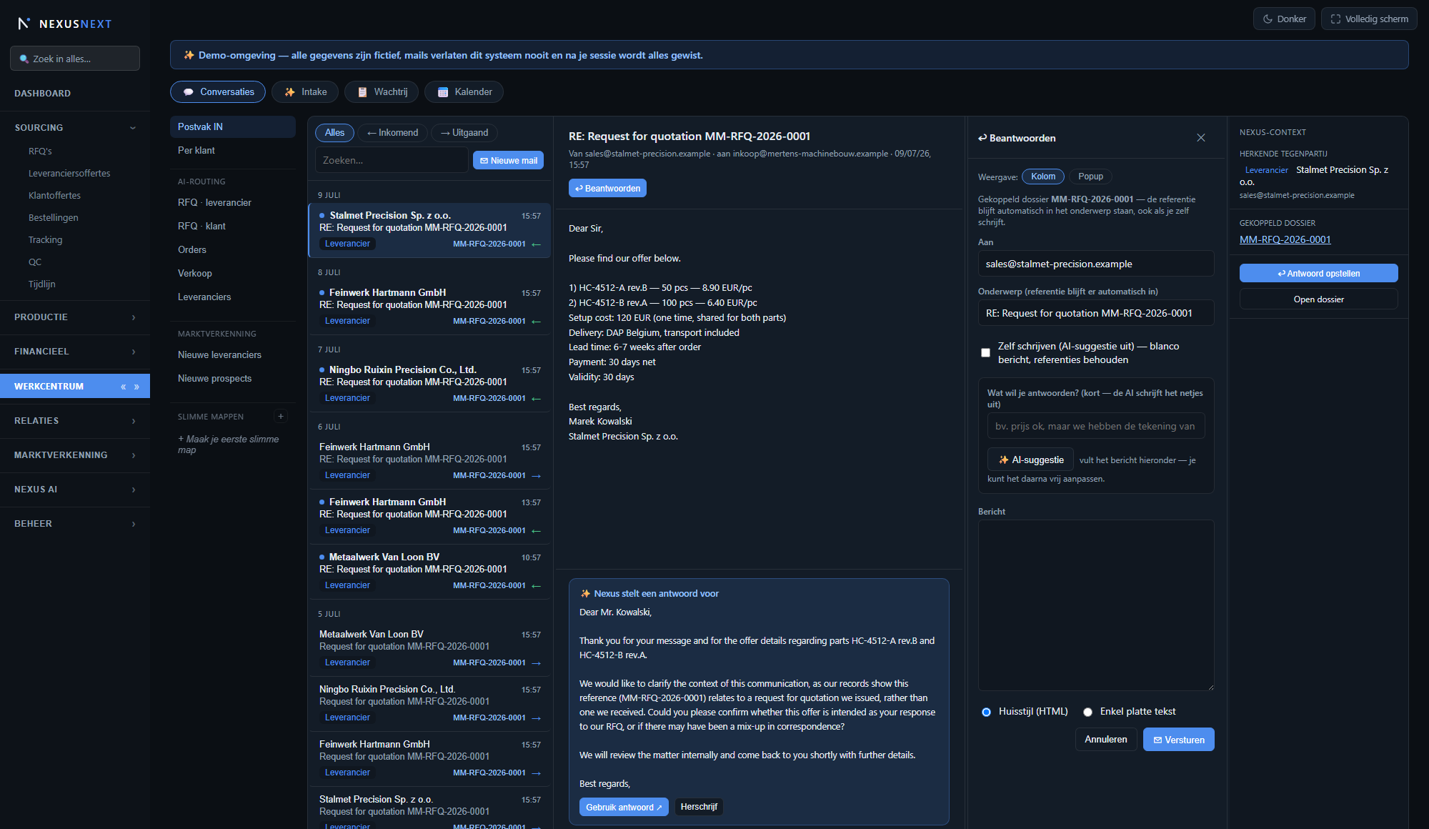 Nexus Werkcentrum: AI-routing, bericht, AI-antwoordvoorstel, antwoordpaneel en Nexus-context